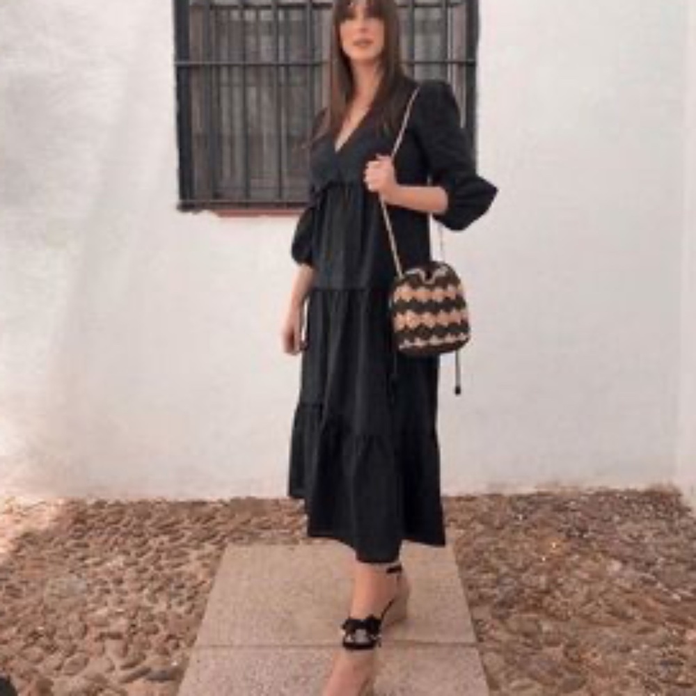 Zara Black cotton eyelet embroidered midi poplin dress size XS/s